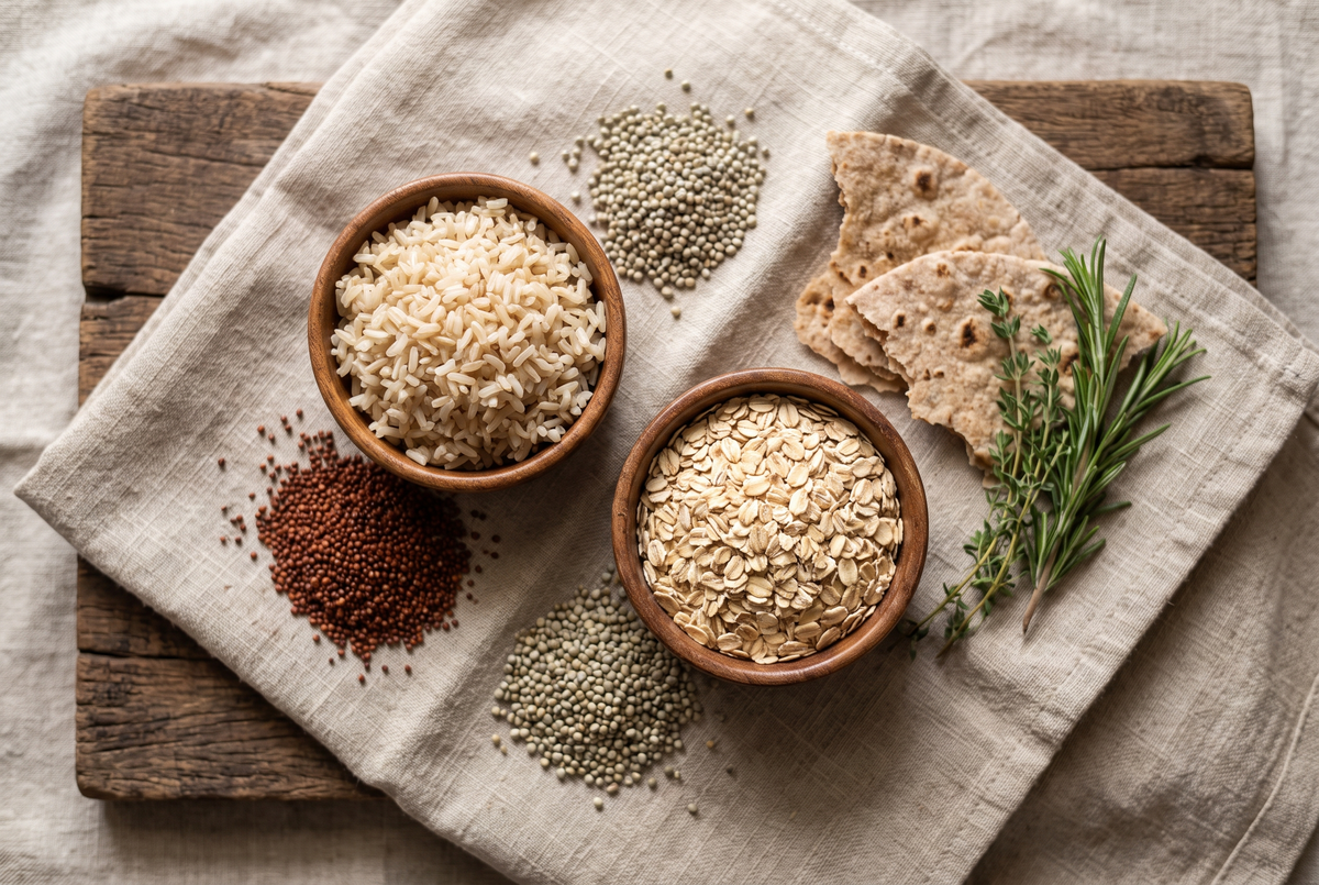 Overhead flat lay of whole grains including brown rice, oats, ragi, and bajra millet on a linen cloth for heart health
