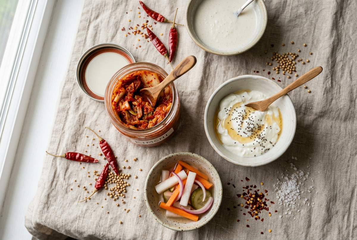 Overhead flat lay of a jar of red kimchi with bowls of curd, pickled vegetables and whole red chilies on a linen cloth