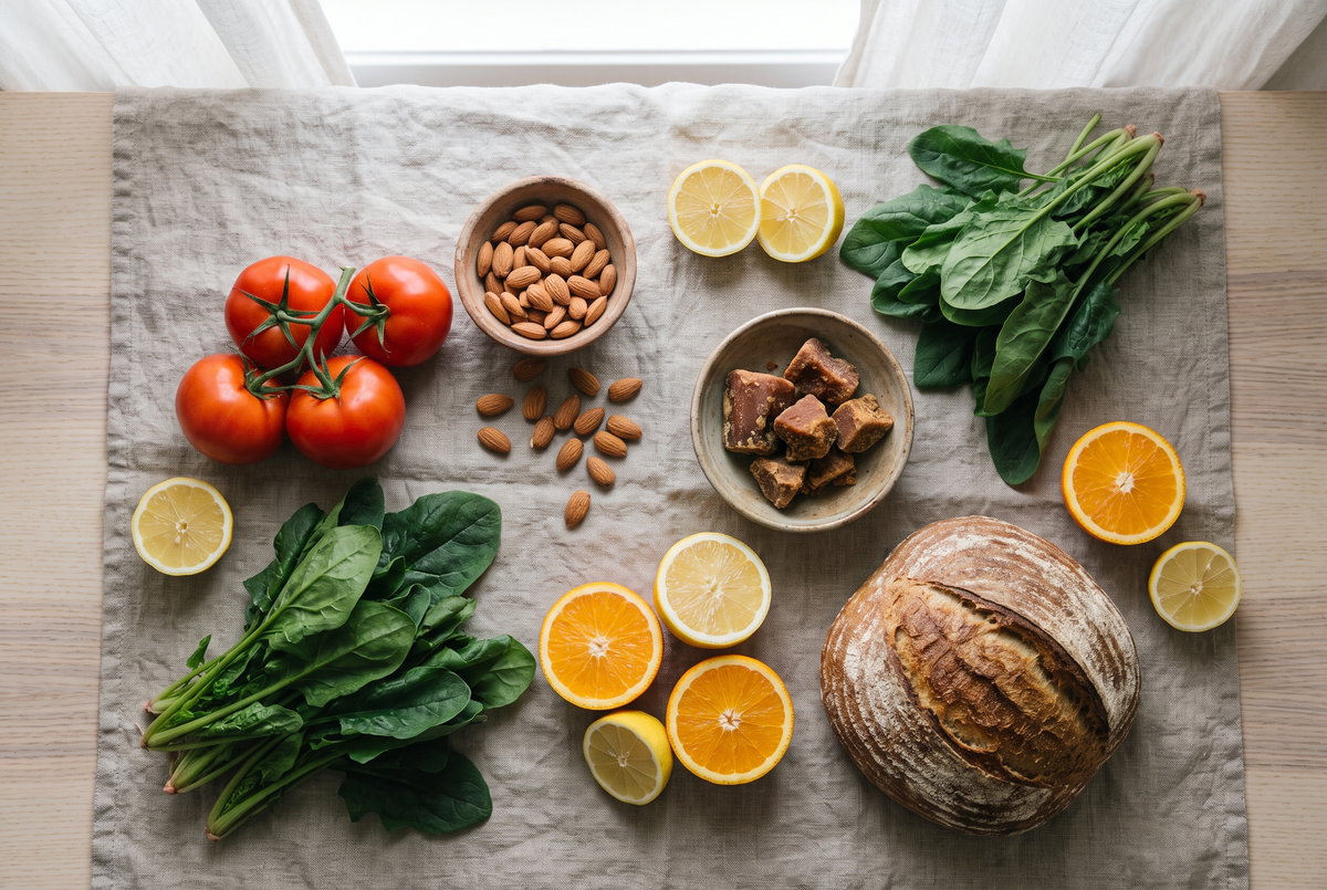 Overhead flat lay of fresh whole foods including tomatoes, spinach, almonds, citrus and jaggery symbolizing preservative-free eating