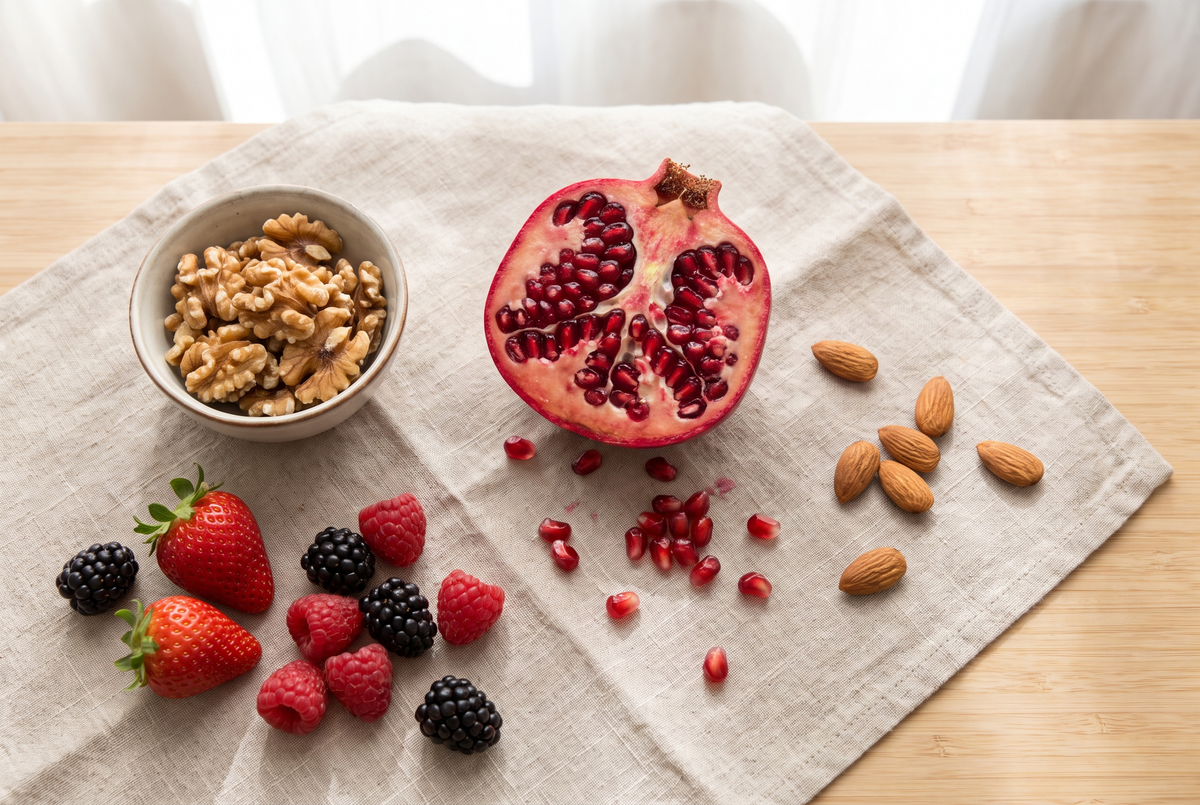 Overhead flat lay of pomegranate, walnuts and fresh berries on a linen cloth