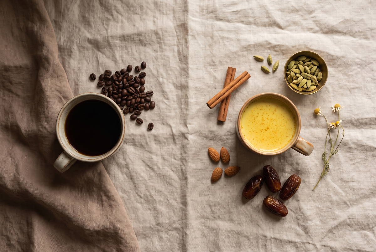 Cup of black coffee with coffee beans beside a cup of golden turmeric milk with cardamom, cinnamon, almonds and dates on linen