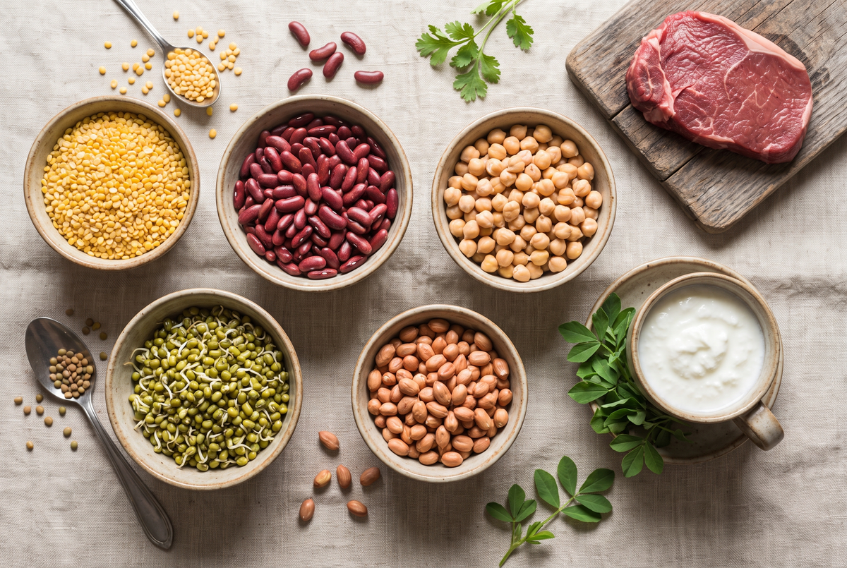 Overhead flat lay of dal, rajma, chickpeas, peanuts, sprouts and curd with a raw steak set aside