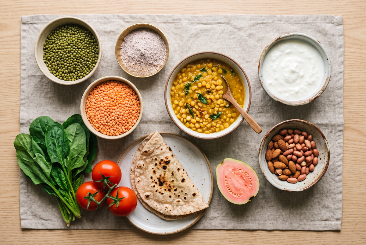 Overhead flat lay of whole Indian foods: dal, moong and masoor lentils, curd, almonds, peanuts, spinach, tomatoes, guava and rotis