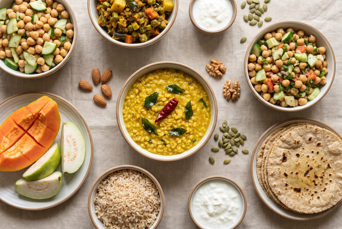 Overhead flat lay of a plant-forward Indian meal with moong dal, brown rice, millet rotis, vegetable sabzi, chickpea salad, fruit, curd and nuts