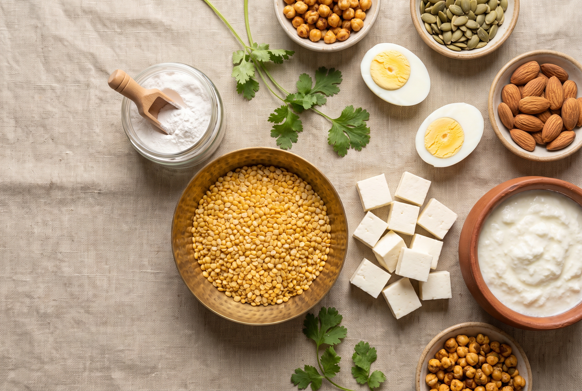 Overhead flat lay of creatine powder with dal, paneer, curd, eggs, almonds and seeds