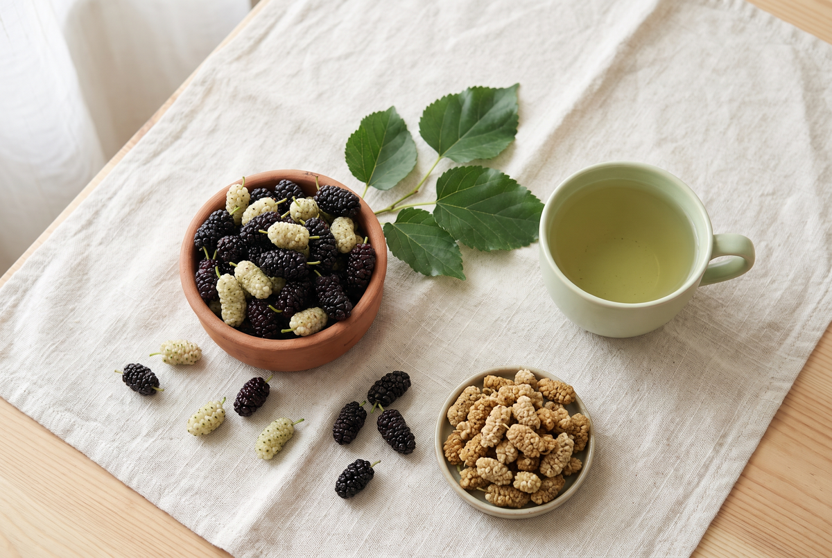 Overhead flat lay of fresh black and white mulberries, mulberry leaves and a cup of mulberry leaf tea on linen