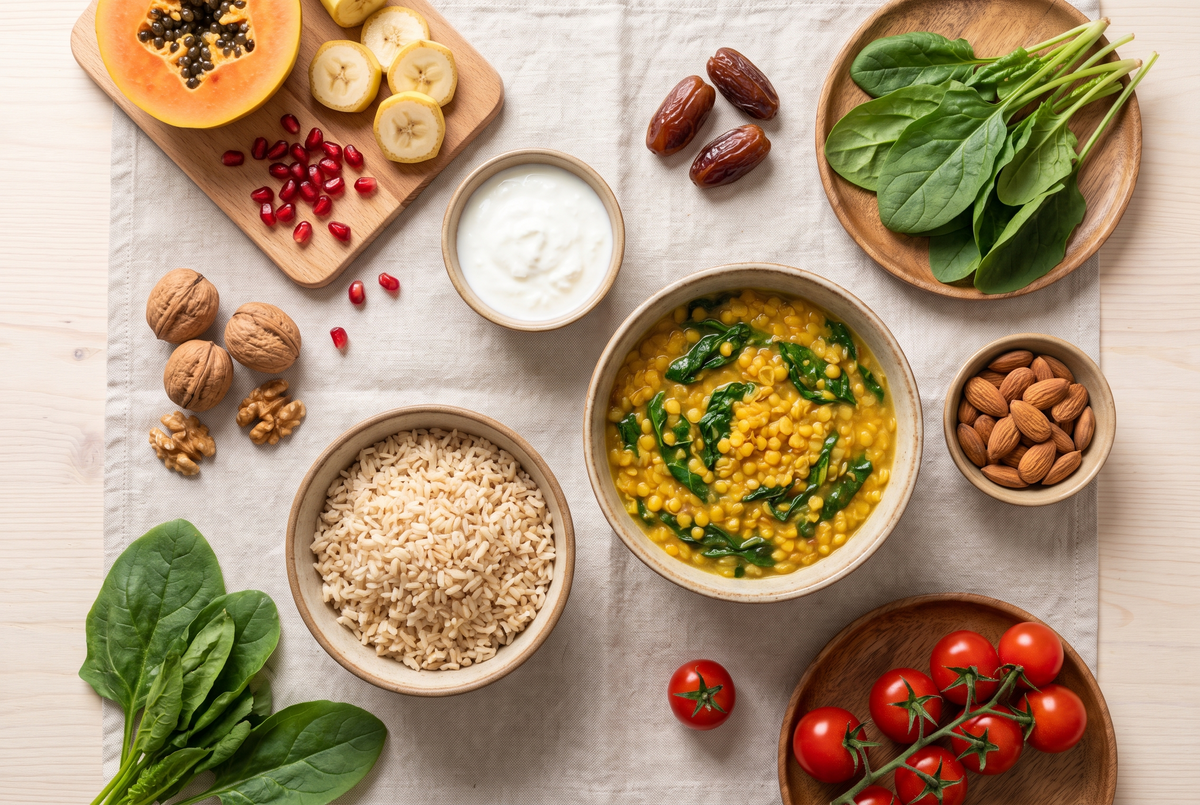 Overhead flat lay of whole foods including dal, brown rice, curd, fresh fruits, nuts and greens on a linen cloth