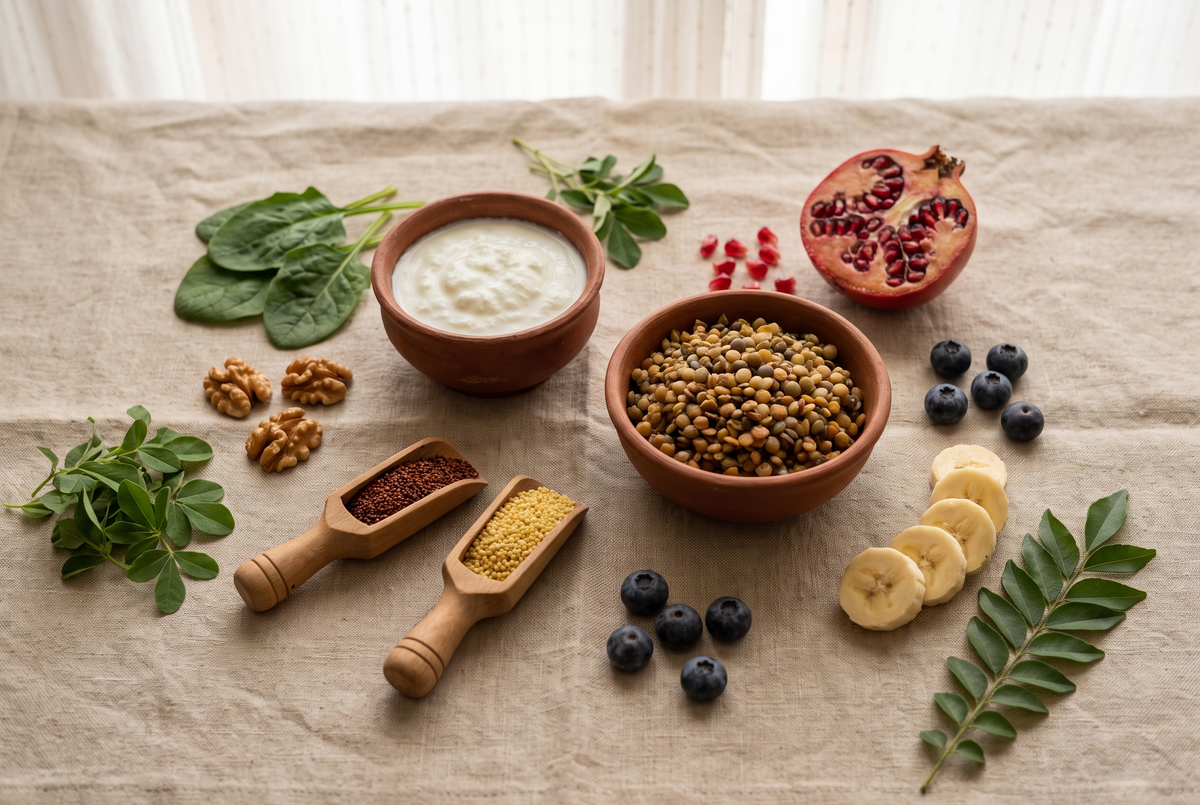 Overhead flat lay of gut-friendly whole foods including curd, lentils, millets, leafy greens, walnuts and fruit