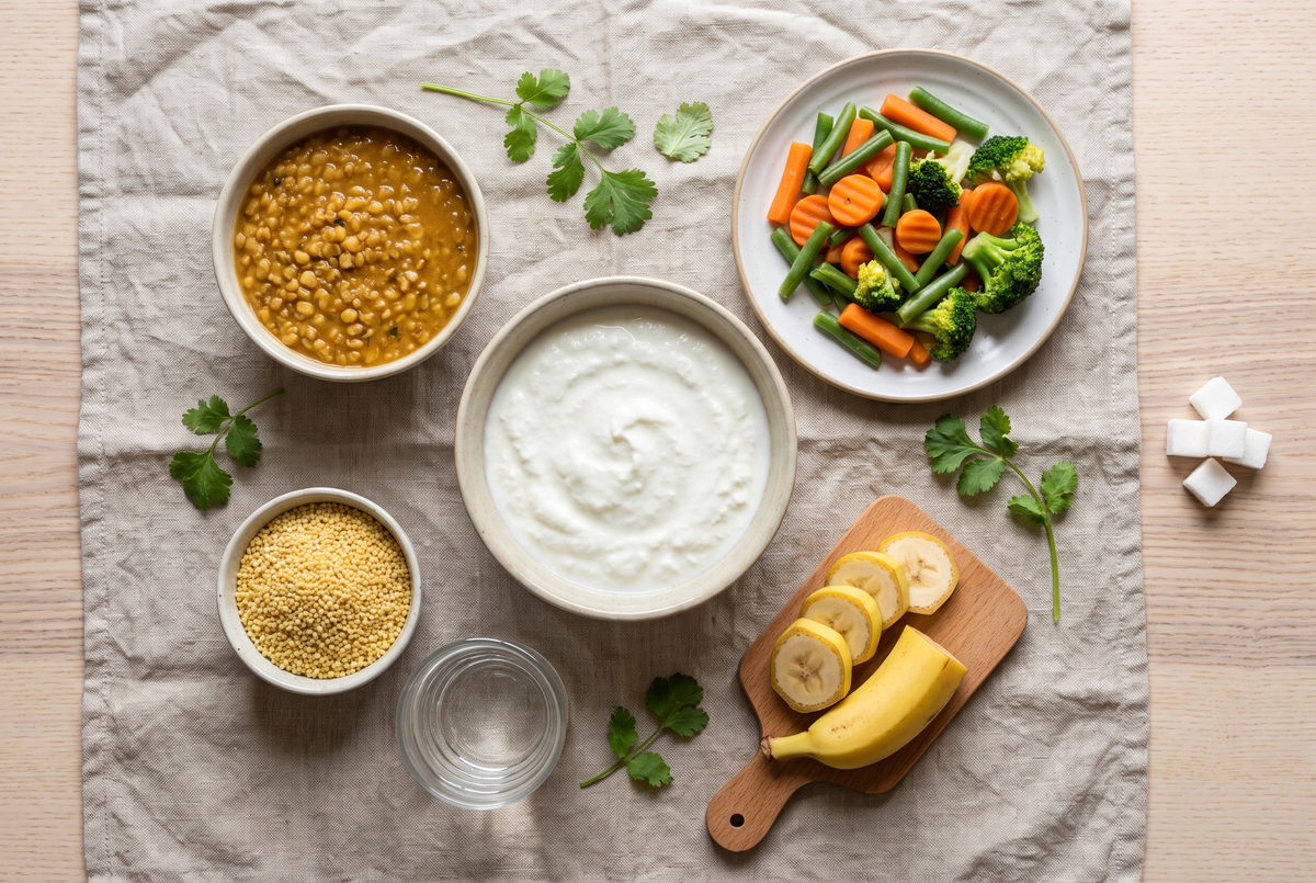 Overhead flat lay of curd, dal, millet, vegetables and banana on linen, with sugar cubes set aside