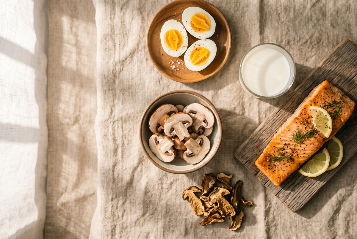 Overhead flat lay of vitamin D foods: mushrooms, boiled eggs, salmon and a glass of milk in morning sunlight