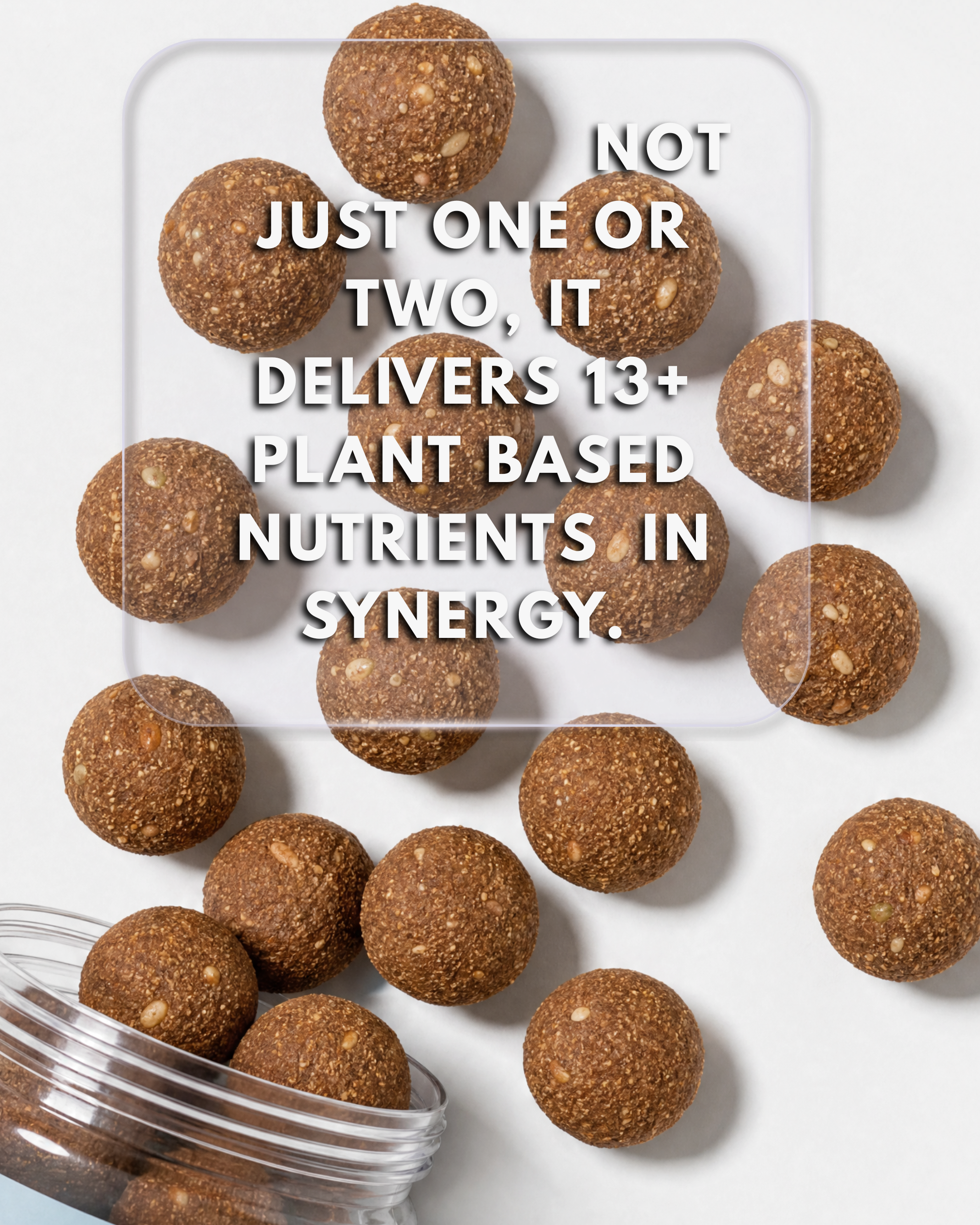 Brown energy balls on a white background with text about plant-based nutrients.